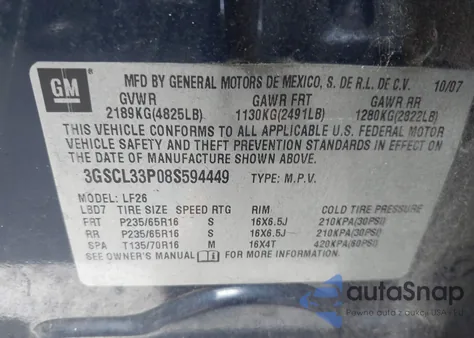 2008 Saturn Vue 4-Cyl Xe z USA, uszkodzony, nr VIN 3GSCL33P08S594449